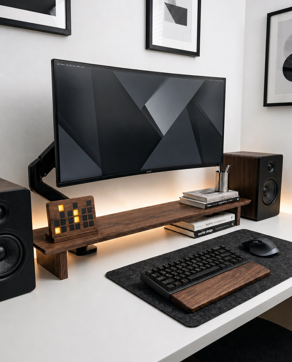 Binesse binary clock in solid walnut on a curated workspace — the missing statement piece for design-conscious desk setups